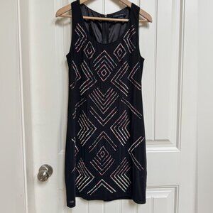 French Connection Black Multi Coloured Sequinned Sleeveless Shift Dress. Size 8